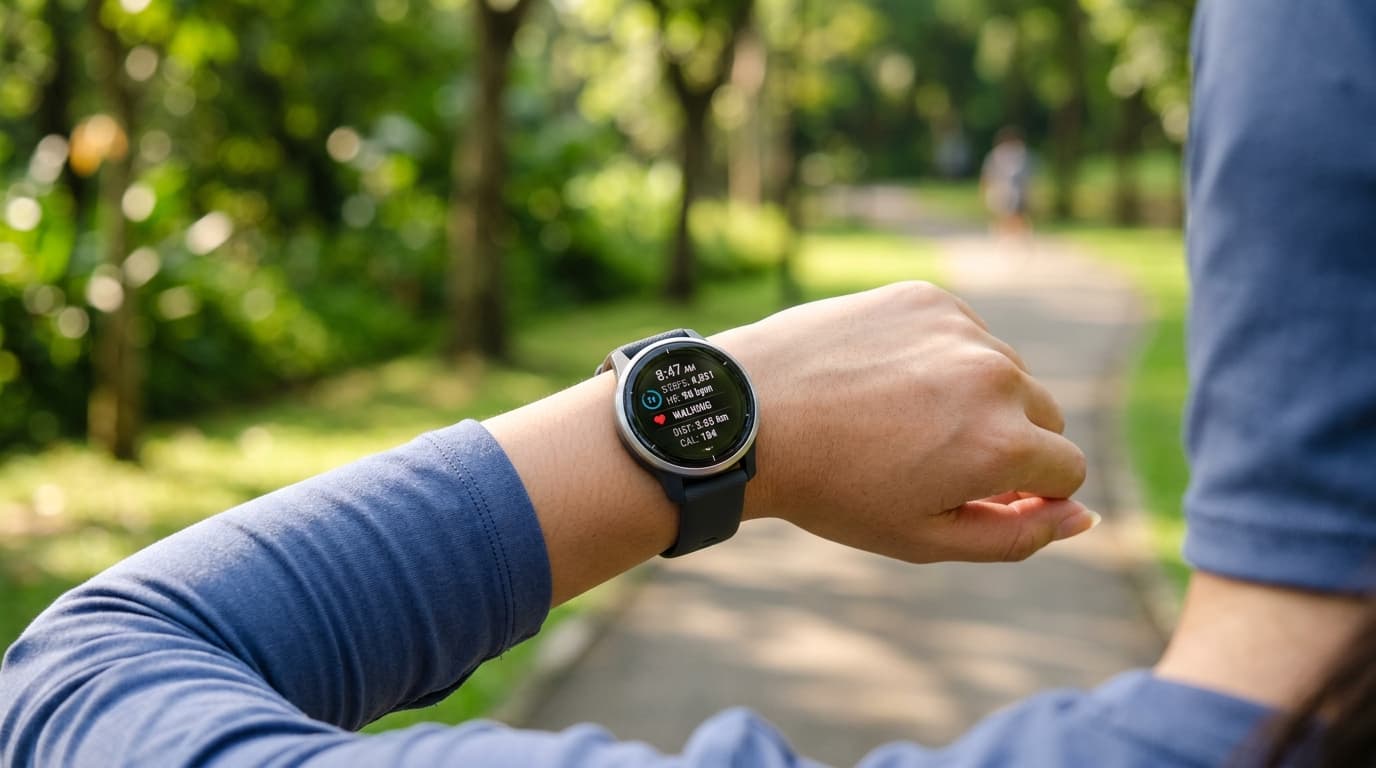 Smartwatch step tracker tracking daily walking progress in a sunlit park