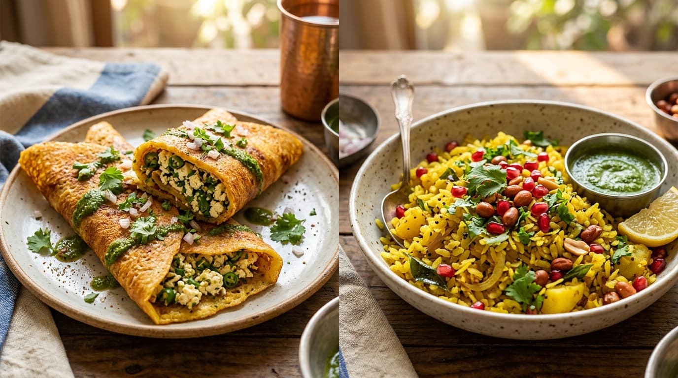 Golden Moong Dal Chilla stuffed with paneer and fresh herbs alongside a bowl of hot lemon Poha